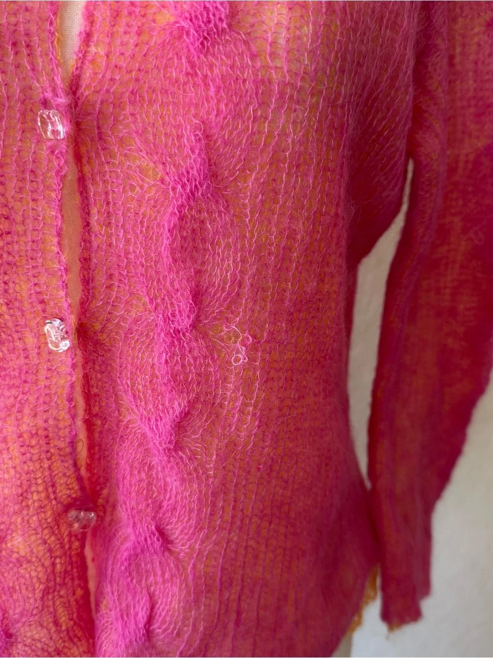 Free People Mohair Cardigan Y2k Double Knit Pink Yellow Sheer
